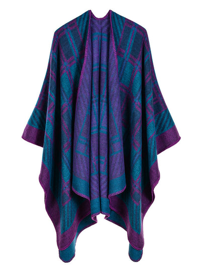Diagonal Small Plaid Cashmere Like Retro Split Shawl