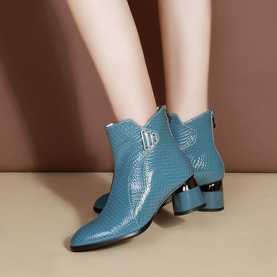 Rugged Pointed Leather Thick Heel Women's Boots