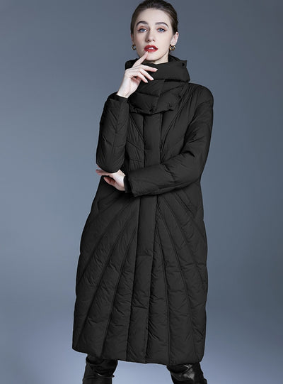 Pile-collar Black Long Thick Irregular Down Jacket