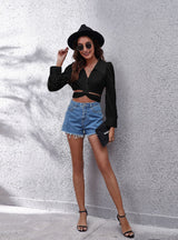 Cross-front and Back Strap Bubble Sleeve Short Shirt