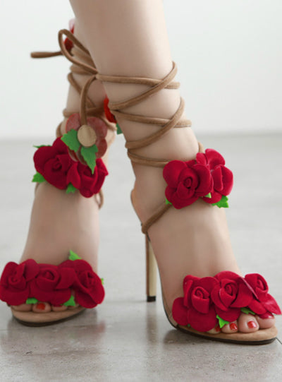 Appliques Ankle Strap Lace Up Shoes High Heels Sandals