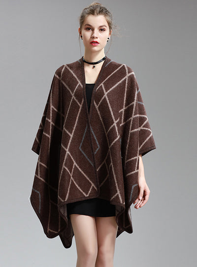 Long Knitted Cardigan Split Napped Jacquard Shawl