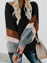 Women V Neck Striped Sleeve Loose Pullover Fall Sweaters