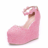 White Lace Wedges Pearl Wedding Shoes