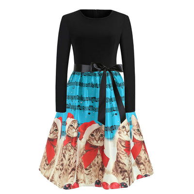 Retro Christmas Printed Long Sleeve Dress