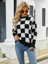 Loose Turtleneck Plaid Color Matching Sweater