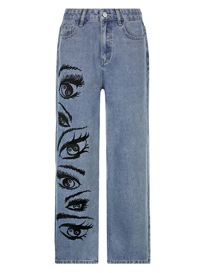 Printed Loose Straight Jeans Pants