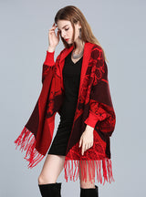Printed Bat Sleeve Knitted Cardigan Shawl Tassels