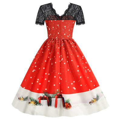 Lace Stitching Short Sleeve Printed Dress