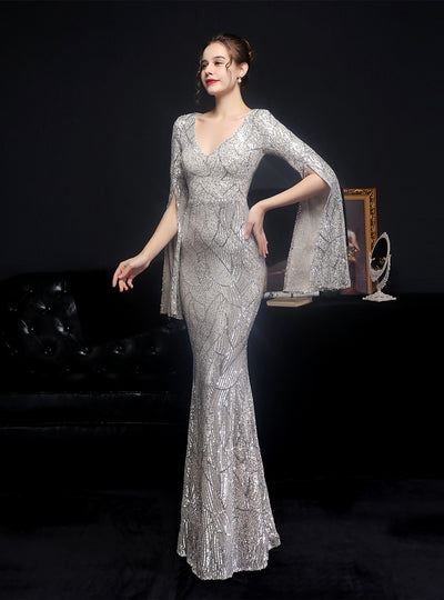 Sequins Mermaid V-neck Short Sleeve Party Dress