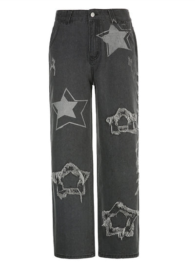 Star Patch Stitching High Waist Jeans