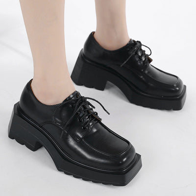 Matte Thick-soled Square-headed Leather Shoes