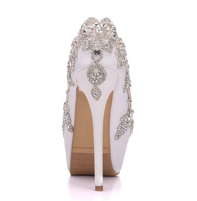 White Rhinestone Waterproof Platform Wedding Shoes
