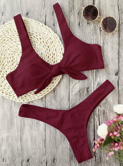 Women Knotted Padded Thong Bikini Mid Waisted 