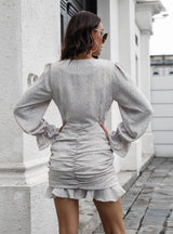 Pleated V-neck Flounce Printed Chiffon Dress