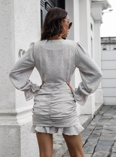 Pleated V-neck Flounce Printed Chiffon Dress