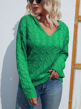 Solid Color V-neck Hooded Retro Twist Sweater