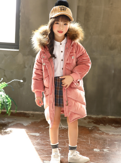 Long Velvet Winter Jacket Girls' Cotton-Padded 