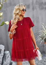 Mesh Stitching Round Neck Solid Color Dress