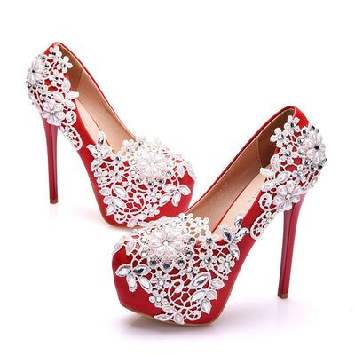 White Beaded Lace Flowers Wedding Shoes