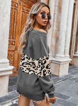 Women V-neck Leopard Sweater
