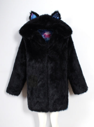 Animal Ear Cap Faux Fur Coat Women's Long Coat