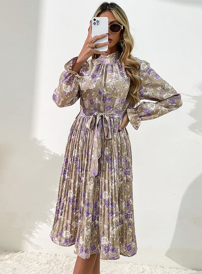 Trumpet Sleeve Floral Long Sleeve Dress
