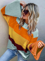 Three Color Spliced Long Sleeve Loose Pullover Sweater