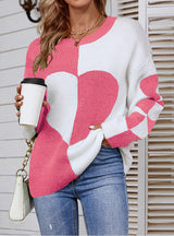 Round Neck Color Matching Love Pullover Sweater