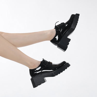 Wedge-heeled Thick-soled Square-headed Lace-up Shoes