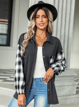 Plaid Stitching Lapel Loose Shirt