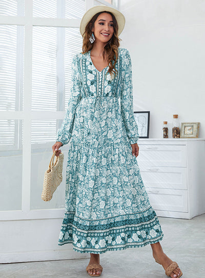 V-neck Printed High Waist Big Swing Dress