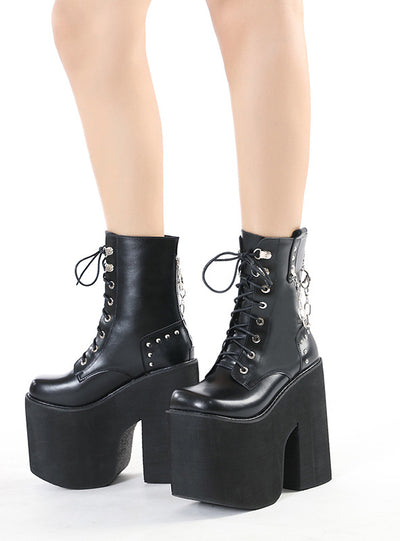 Front Lace-up Square Toe High Heel Female Booties