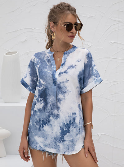 V-neck Tie-dyed Printed Chiffon T-shirt
