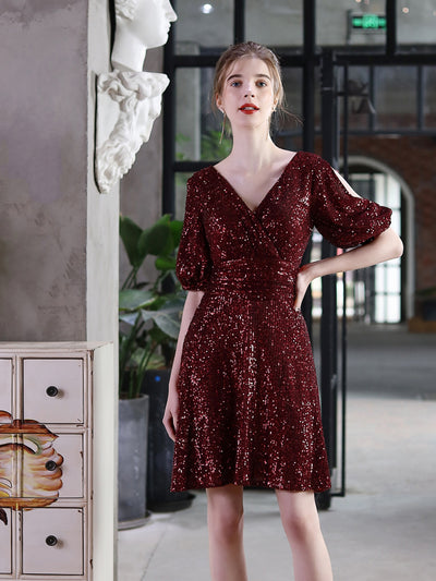 V-neck Short Sleeve Sequins Party Dress