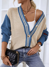 Single-breasted Contrast Atriped Sweater Cardigan Coat