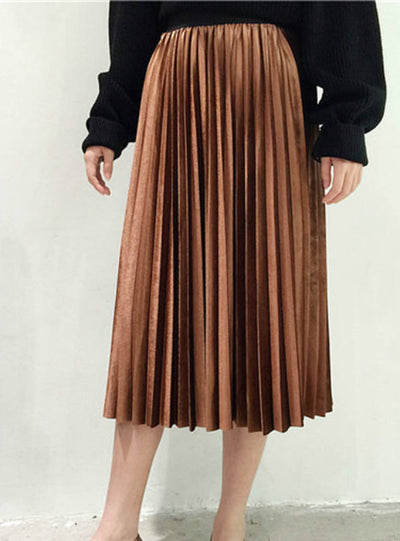 Maxi Pleated Skirt Midi Skirt High Waist Elascity Casual Party Skirt