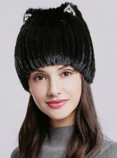 Natural Mink Fur Lovely Cat Ear Hats Cap