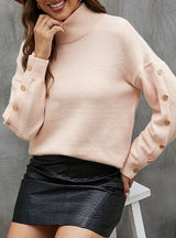 Button Solid Color Half Turtle Neck Sweater