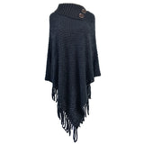 Fringe Button Half Collar Pullover Cape Shawl