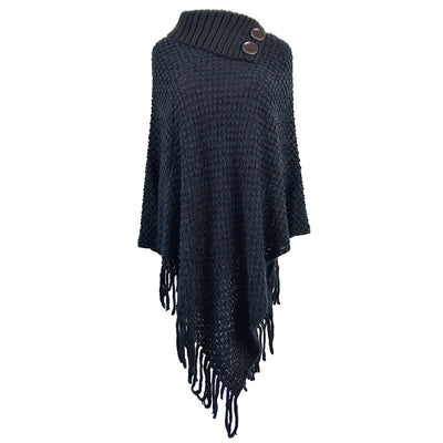 Fringe Button Half Collar Pullover Cape Shawl