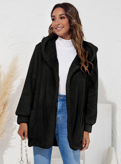 Loose Plush Hooded Cardigan Coat