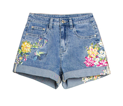 3D Embroidered Flower Denim Shorts