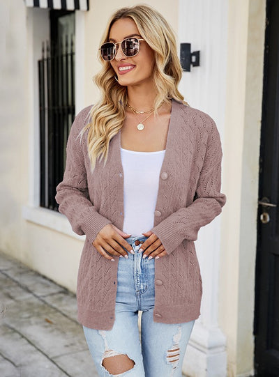 Single-breasted Openwork Knitted Cardigan Sweater