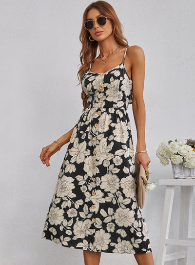 Printed Sling Single-breasted Backless Dress