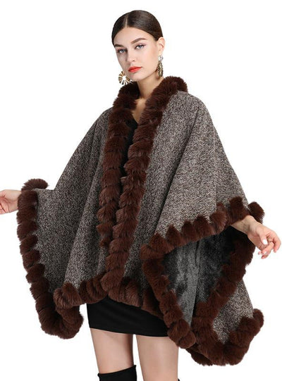 Rabbit Fur Collar Shawl Cape Loose Large Size Knitted Cardigan