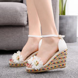 White Flower Fishmouth Wedge Sandals