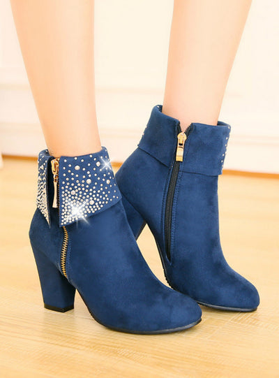 Women Boots Fashion Thick High Heels Boots Crystal