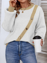 Color Button Crew Neck Pullover Lantern Sleeve Sweater