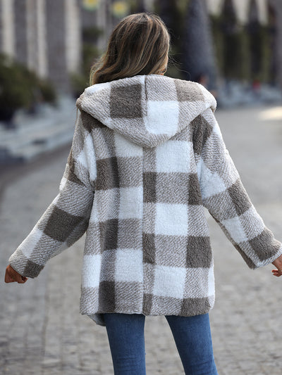 Plush Long-sleeved Loose Plaid Buttonless Coat